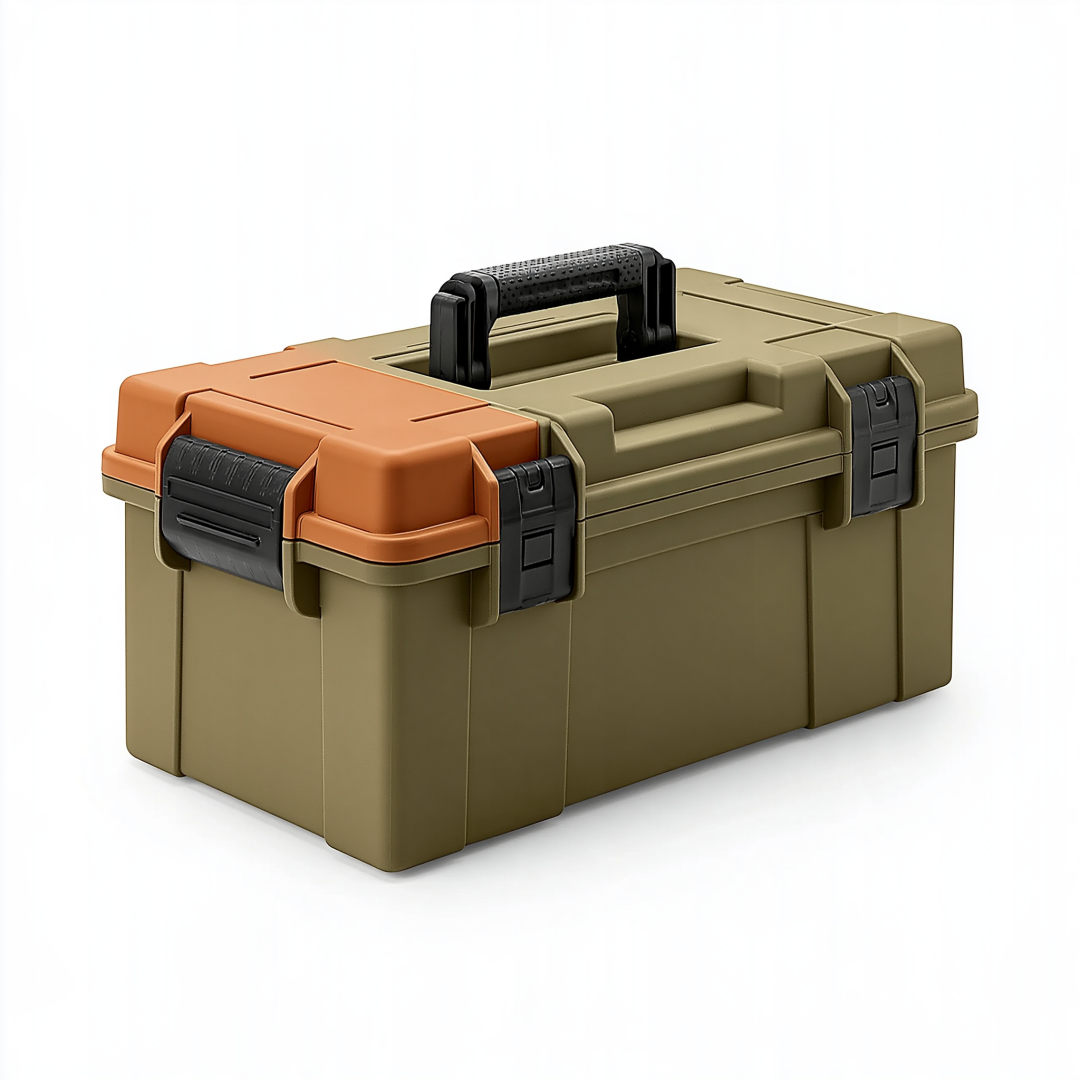 Boîte à outils 48 x 25 x 24 cm en plastique kaki orange avec poignée et fermoirs