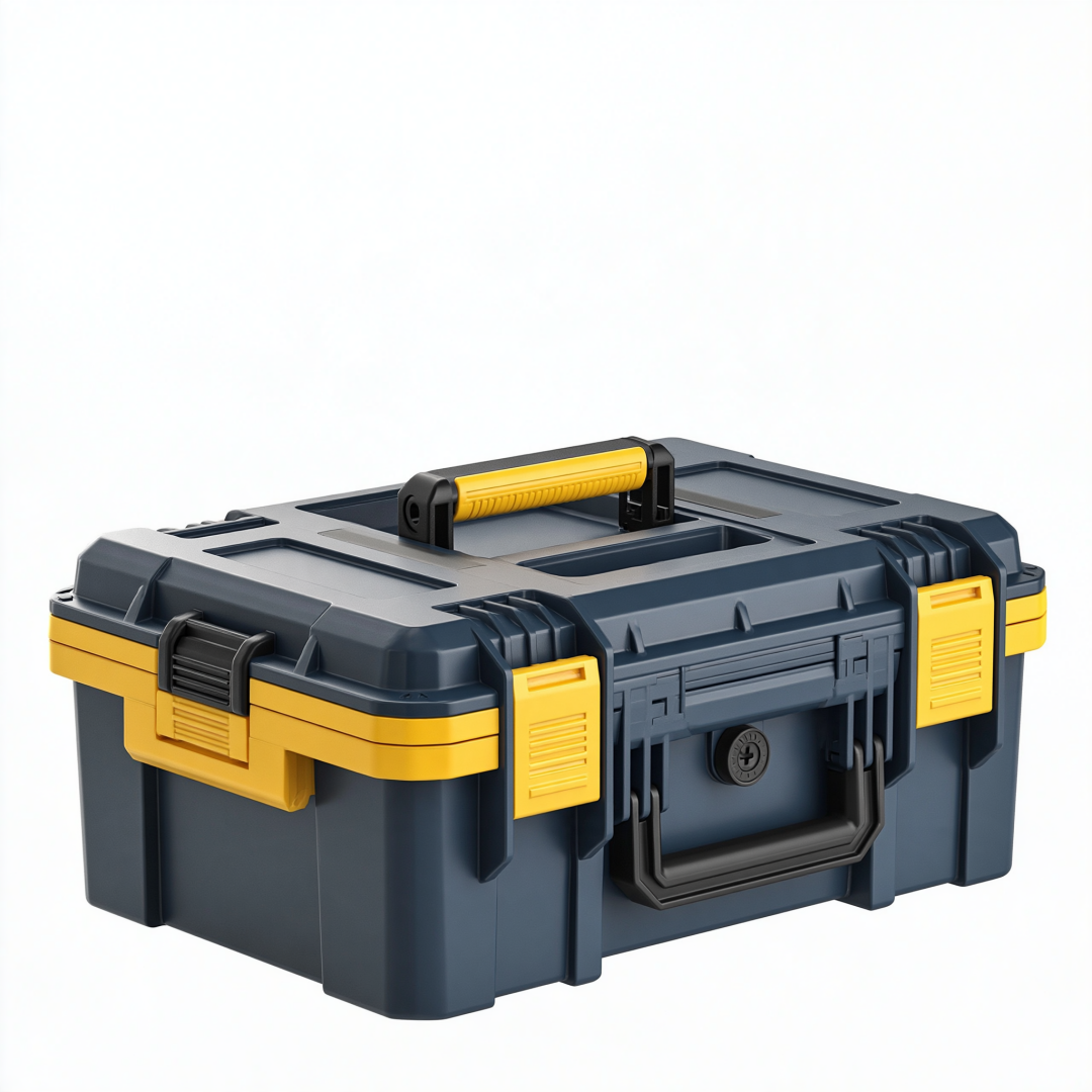 Boîte à outils 50 x 25 x 23 cm en plastique bleu marine et jaune avec poignée et compartiments de rangement