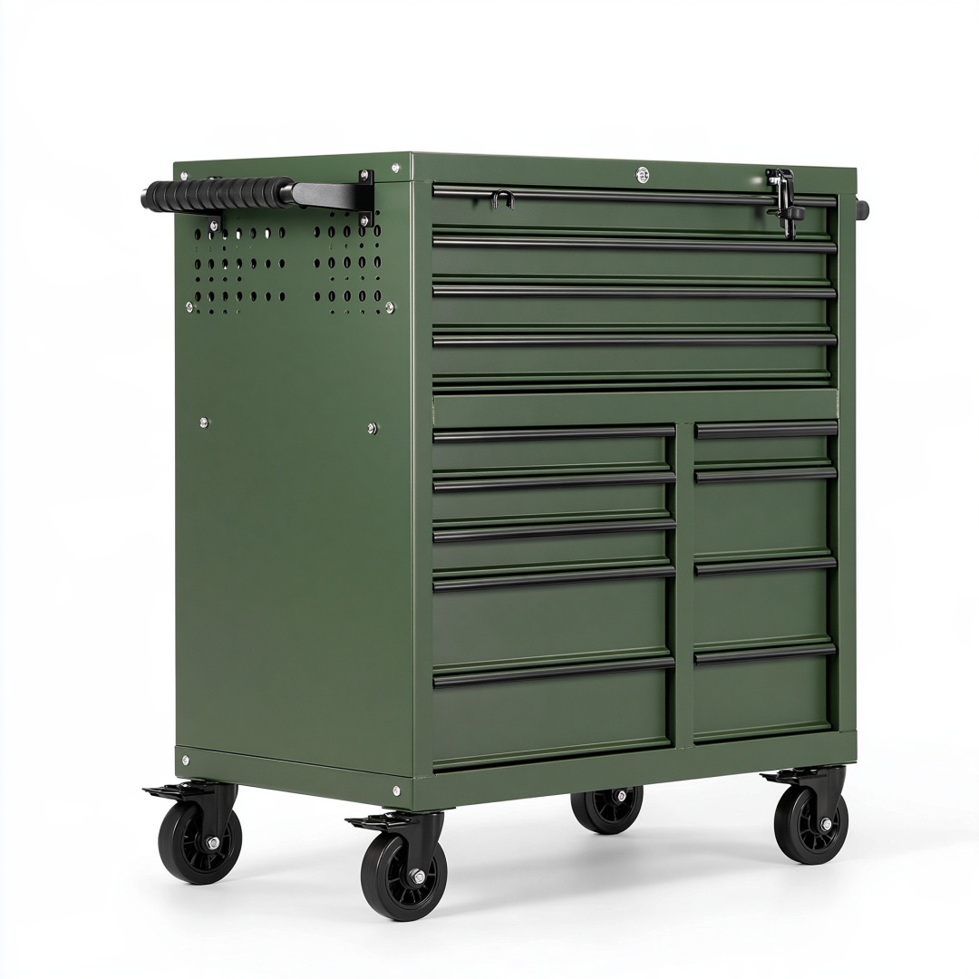 Servante d'atelier 80 x 45 x 100 cm en acier vert foncé à 12 tiroirs mobile