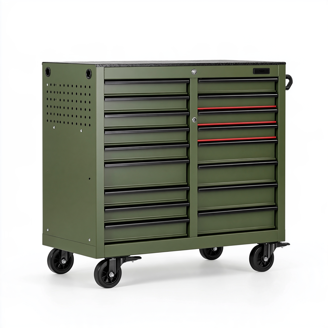 Servante d'atelier 100 x 50 x 100 cm en acier vert olive à 15 tiroirs sur roulettes