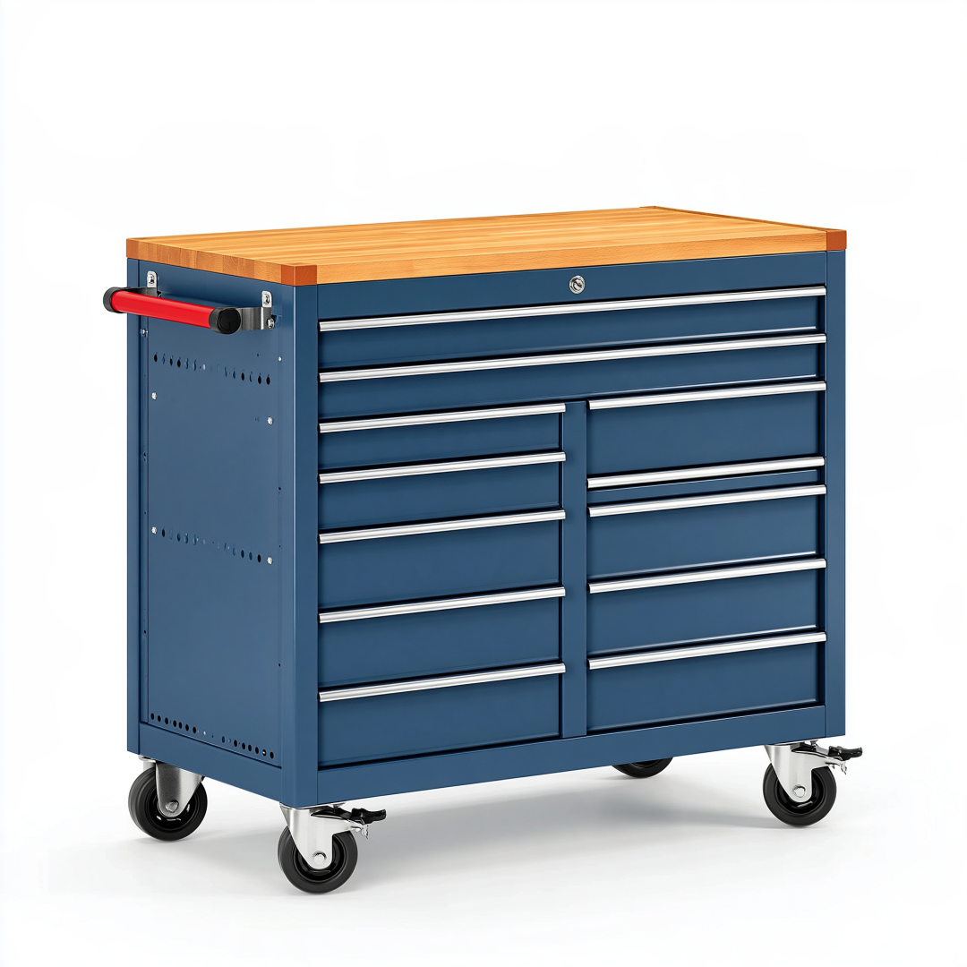 Servante d atelier 112 x 46 x 95 cm en acier bleu avec plateau en bois 10 tiroirs et roulettes