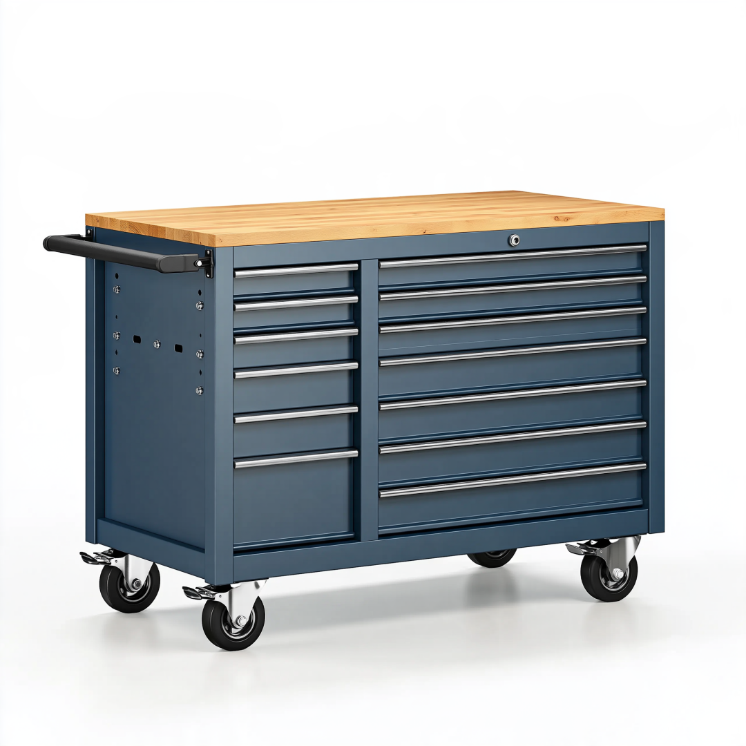 Servante d atelier 110 x 50 x 95 cm en acier bleu avec plan de travail en bois et 11 tiroirs sur roulettes