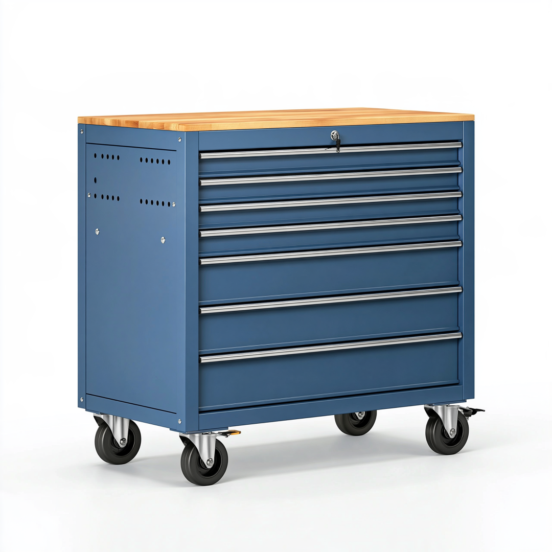 Servante d atelier 90 x 50 x 100 cm en acier bleu avec plateau en bois à 7 tiroirs sur roulettes
