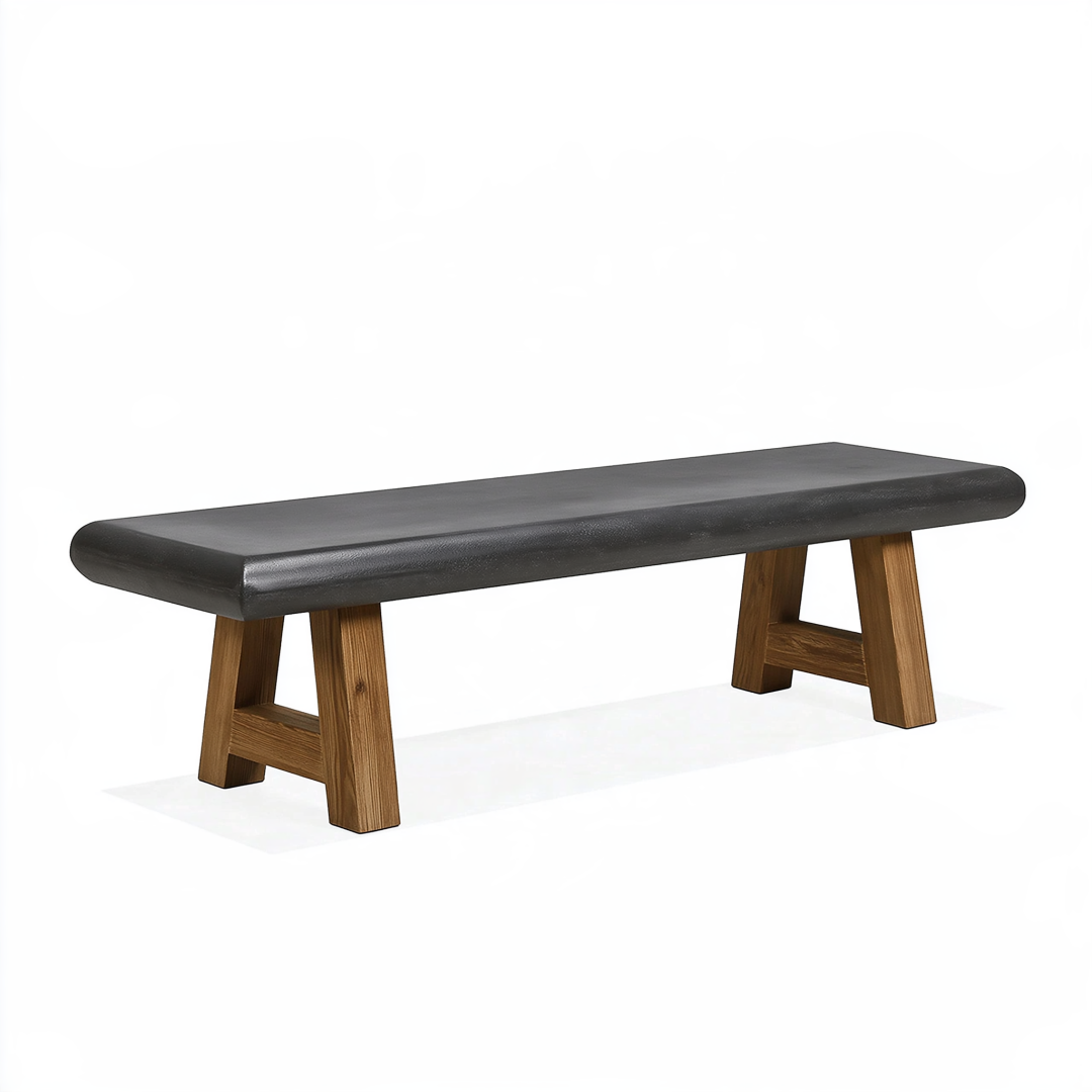 Banc 120 x 35 x 45 cm assise rembourrée en similicuir noir pieds en bois style contemporain