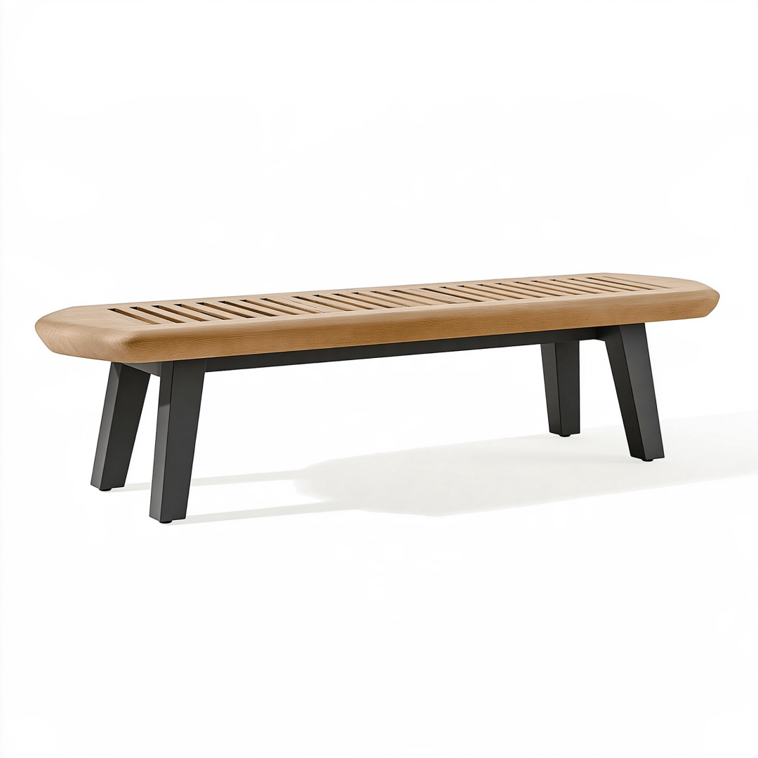 Banc 120 cm en bois naturel et métal noir assise ajourée style industriel