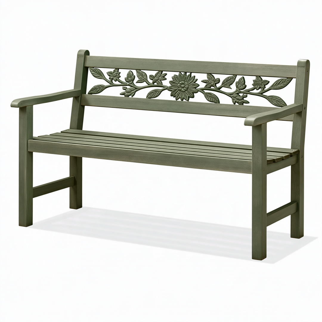 Banc de jardin 122 cm en plastique vert olive avec accoudoirs et dossier floral
