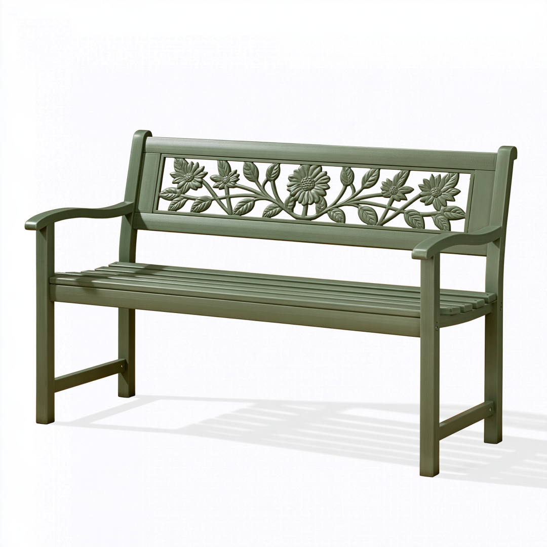 Banc de jardin 122 cm en métal vert à dossier floral style classique