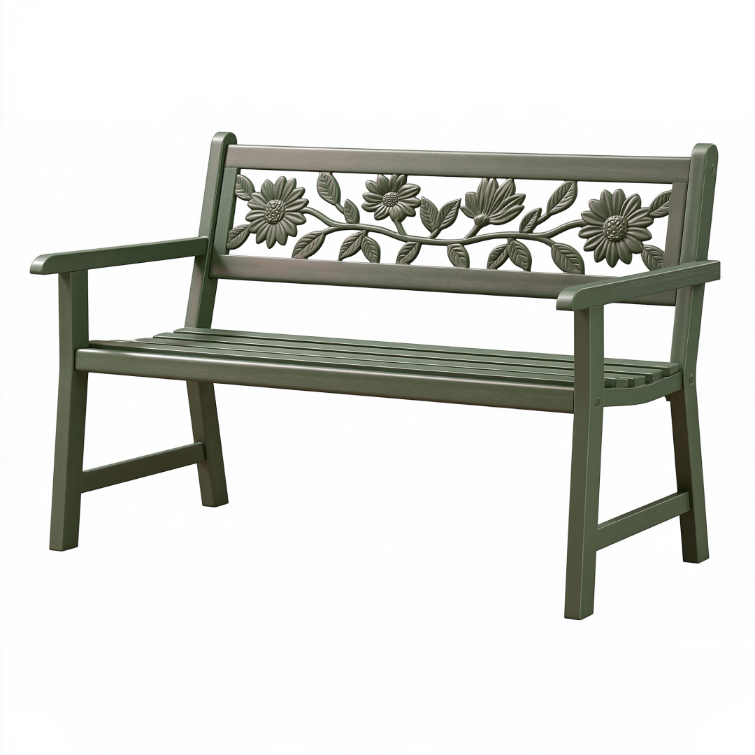 Banc de jardin 122 x 61 x 91 cm en métal vert motif floral avec accoudoirs