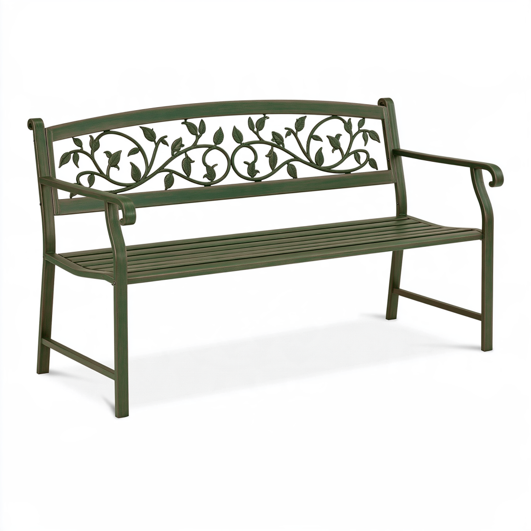 Banc de jardin 122 x 60 x 91 cm en métal vert à motif végétal