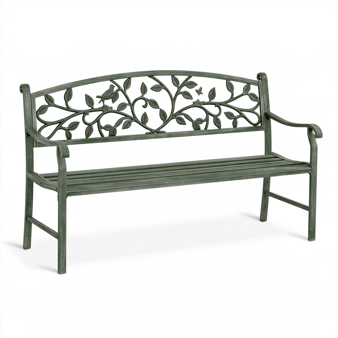 Banc de jardin 122 x 61 x 90 cm en acier vert à dossier décoratif