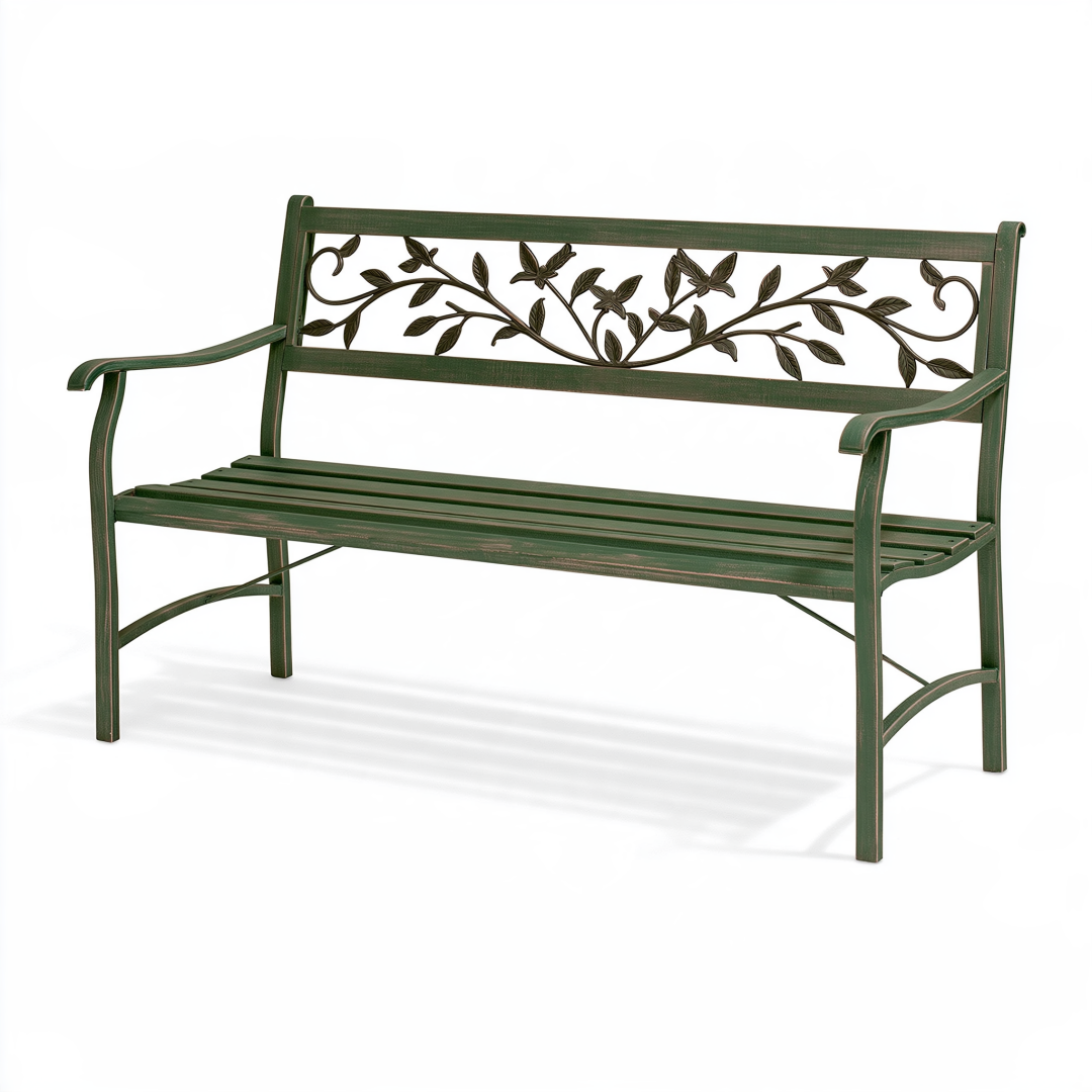 Banc de jardin 120 x 60 x 90 cm en métal vert avec accoudoirs style floral