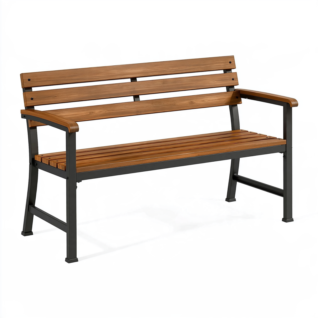 Banc de jardin 120 x 60 x 85 cm en bois brun et acier noir avec accoudoirs