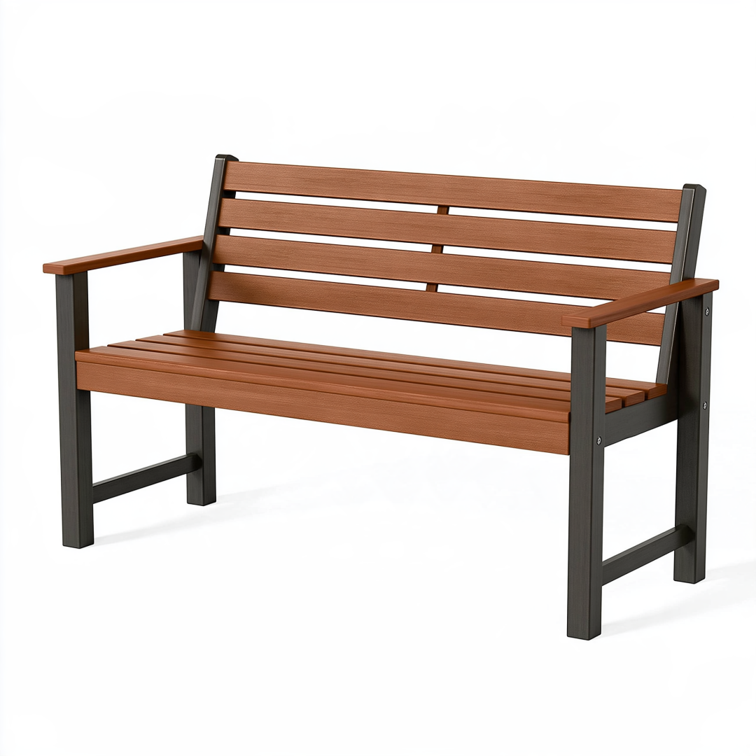 Banc de jardin 120 cm en bois composite marron et métal noir avec accoudoirs